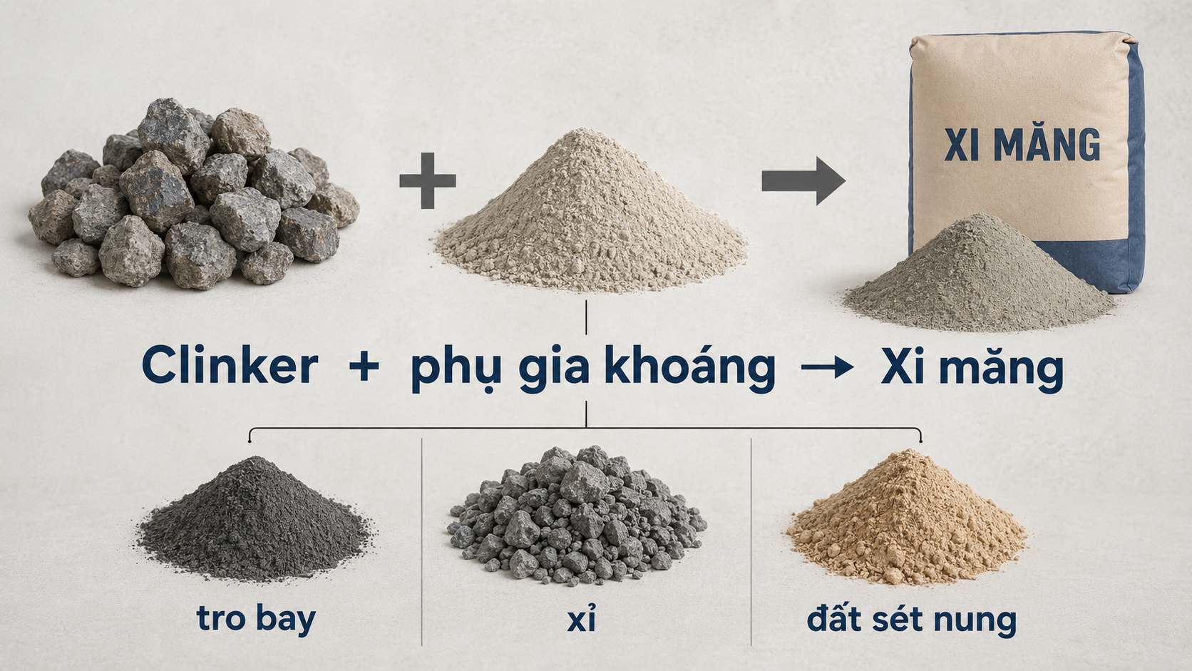 Giảm clinker bằng tro bay, xỉ và đất sét nung trong sản xuất xi măng.