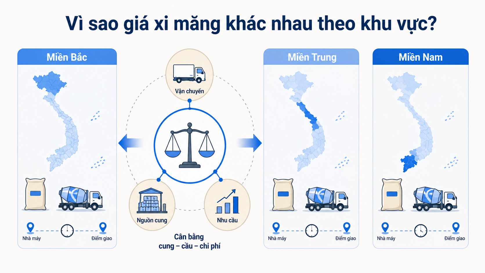 Sơ đồ giải th&iacute;ch gi&aacute; xi măng kh&aacute;c nhau theo khu vực do sức mua xi măng v&agrave; chi ph&iacute; vận chuyển