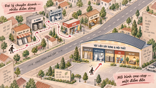 so s&aacute;nh h&agrave;nh tr&igrave;nh mua sắm giữa đại l&yacute; chuy&ecirc;n doanh truyền thống v&agrave; m&ocirc; h&igrave;nh b&aacute;n lẻ VLXD one-stop, minh hoạ cuộc đua điểm chạm b&aacute;n lẻ VLXD mới